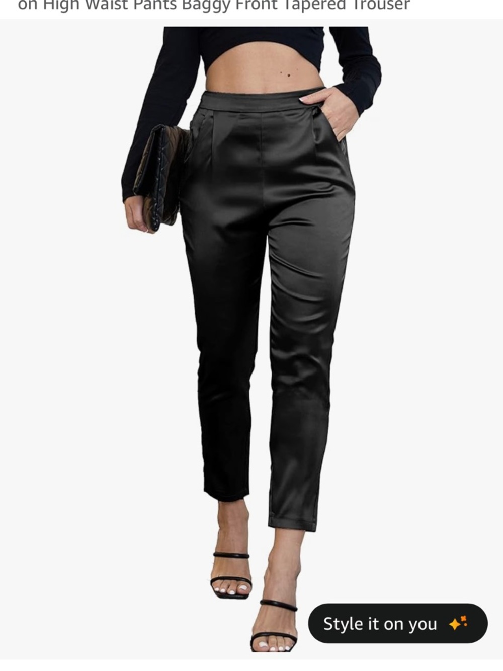 High-Waist Satin Tapered Pants - Black